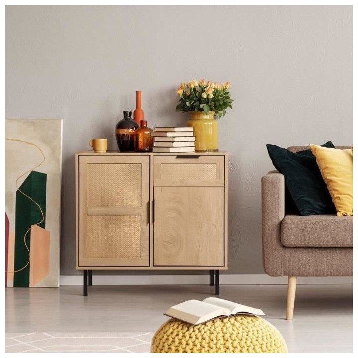 Buffet RUSSELL - 2 portes 1 tiroir en rotin - L 80 x P 40 x H 80 cm