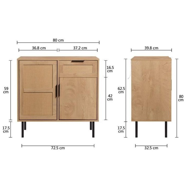Buffet RUSSELL - 2 portes 1 tiroir en rotin - L 80 x P 40 x H 80 cm