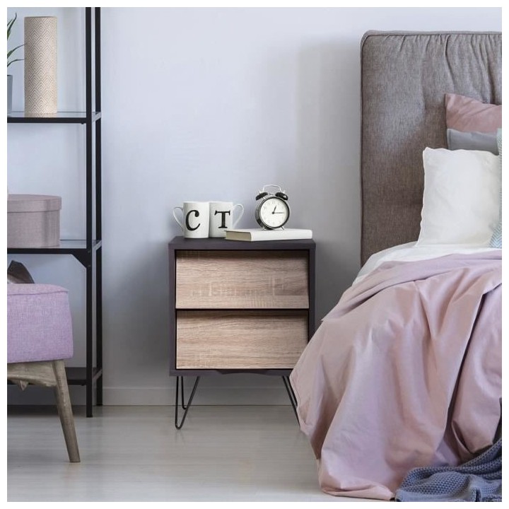 Chevet 2 tiroirs TOKYO - Panneaux de particules avec pieds en métal -