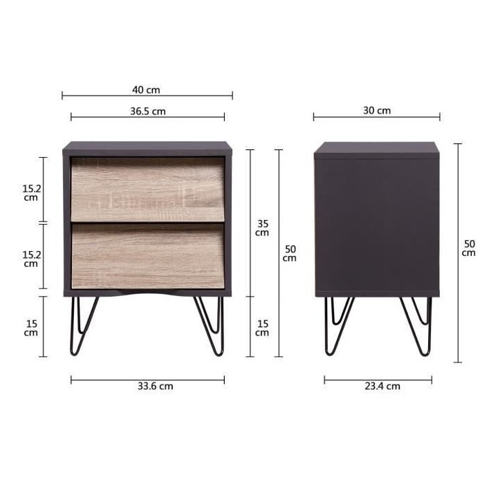 Chevet 2 tiroirs TOKYO - Panneaux de particules avec pieds en métal -