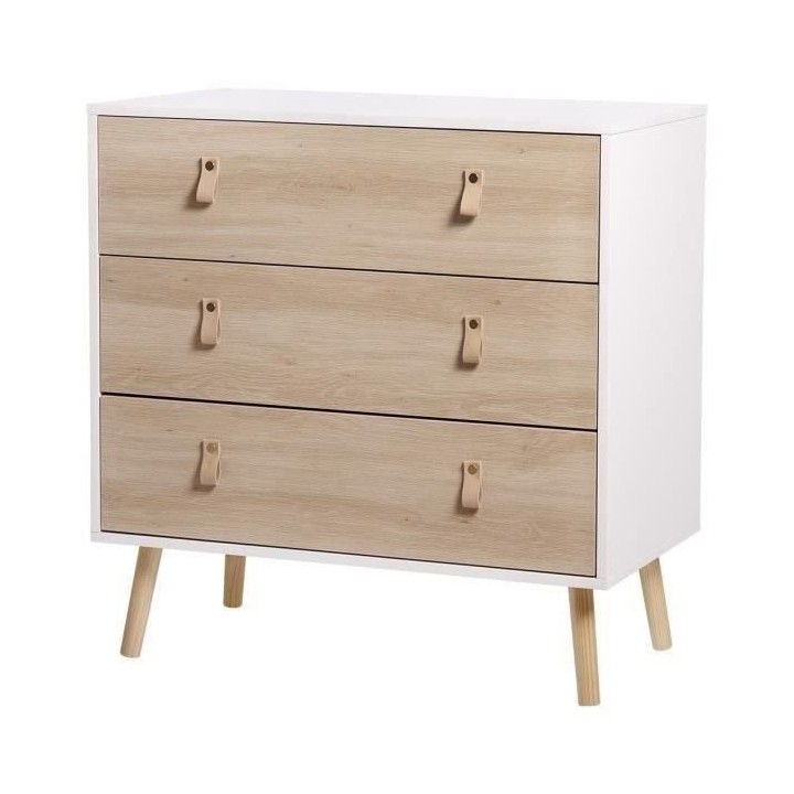 Commode KENT - 3 tiroirs - Chene et blanc - L 80 x P 40 x H 80,5 cm