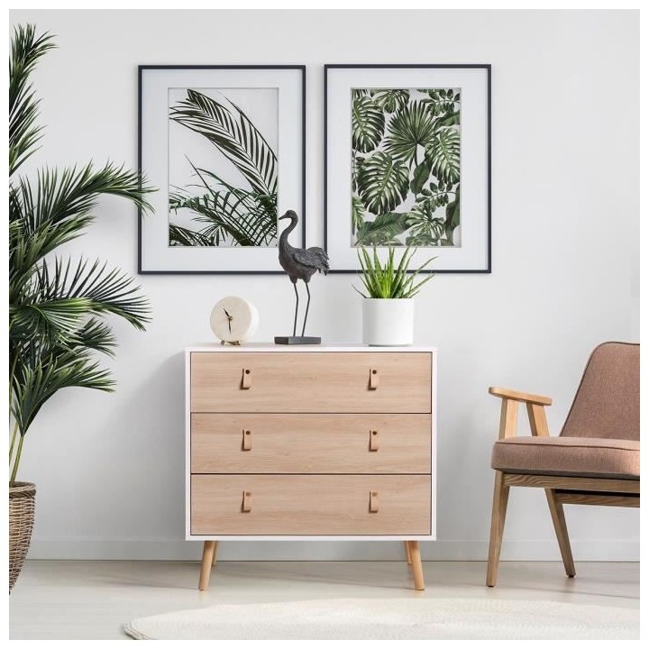 Commode KENT - 3 tiroirs - Chene et blanc - L 80 x P 40 x H 80,5 cm