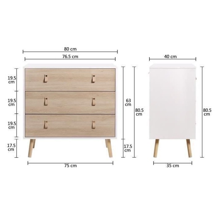 Commode KENT - 3 tiroirs - Chene et blanc - L 80 x P 40 x H 80,5 cm