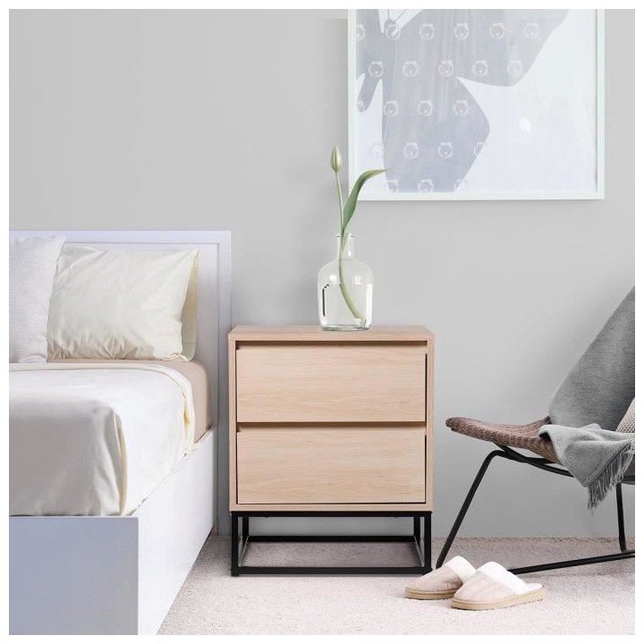 Chevet 2 tiroirs - En panneaux de particules avec pieds en métal - HU