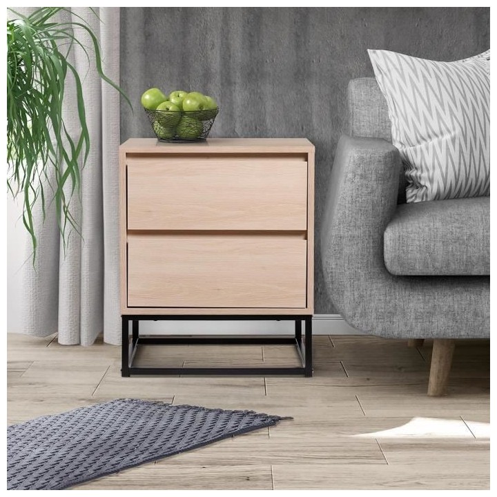 Chevet 2 tiroirs - En panneaux de particules avec pieds en métal - HU