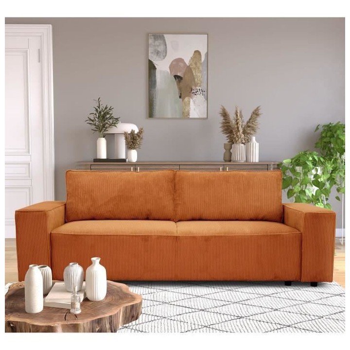 Canapé convertible 3 places JOSH - Tissu velours cotelé terracotta -