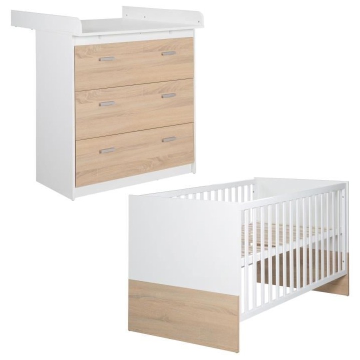 Chambre bébé duo - Lit évolutif 70 x 140 cm + Commode a langer avec