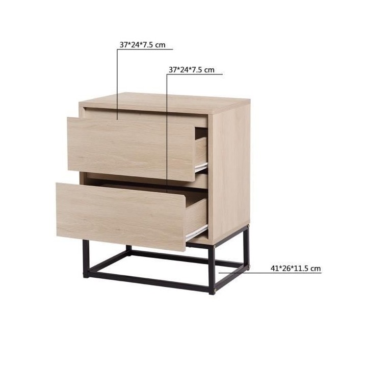 Chevet 2 tiroirs - En panneaux de particules avec pieds en métal - HU