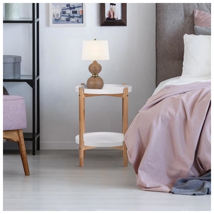 Chevet 2 étageres - En mdf laqué blanc et pieds en bois - ASTRA