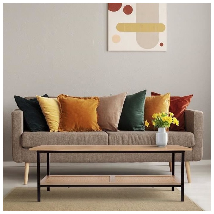 Table basse rectangulaire - Rotin et métal-Naturel et Noir - Style et