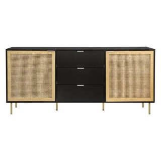 Buffet 2 portes et 3 tiroirs - MDF laqué noir et cannage en rotin nat