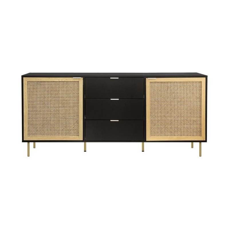 Buffet 2 portes et 3 tiroirs - MDF laqué noir et cannage en rotin naturel - L 180 x P 40 x H 80 cm - HARROD