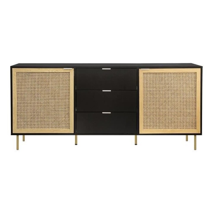 Buffet 2 portes et 3 tiroirs - MDF laqué noir et cannage en rotin nat