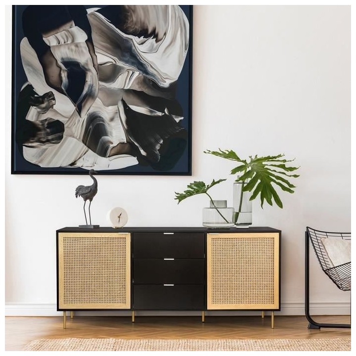 Buffet 2 portes et 3 tiroirs - MDF laqué noir et cannage en rotin nat
