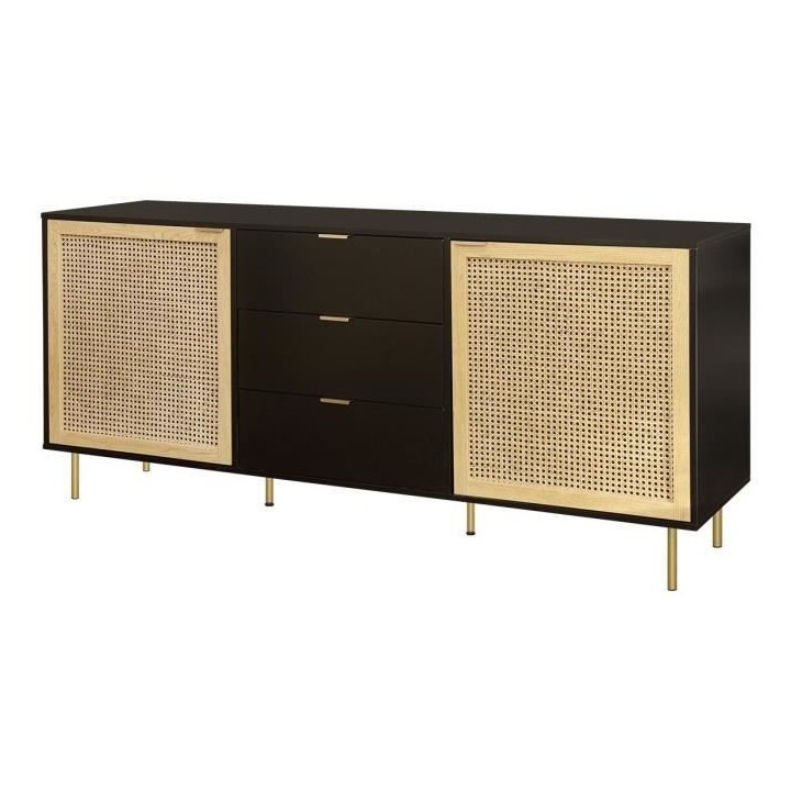 Buffet 2 portes et 3 tiroirs - MDF laqué noir et cannage en rotin nat