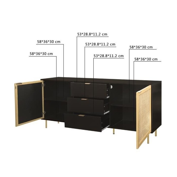 Buffet 2 portes et 3 tiroirs - MDF laqué noir et cannage en rotin nat