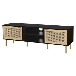 Meuble TV 2 portes - En MDF laqué noir et cannage de rotin naturel -