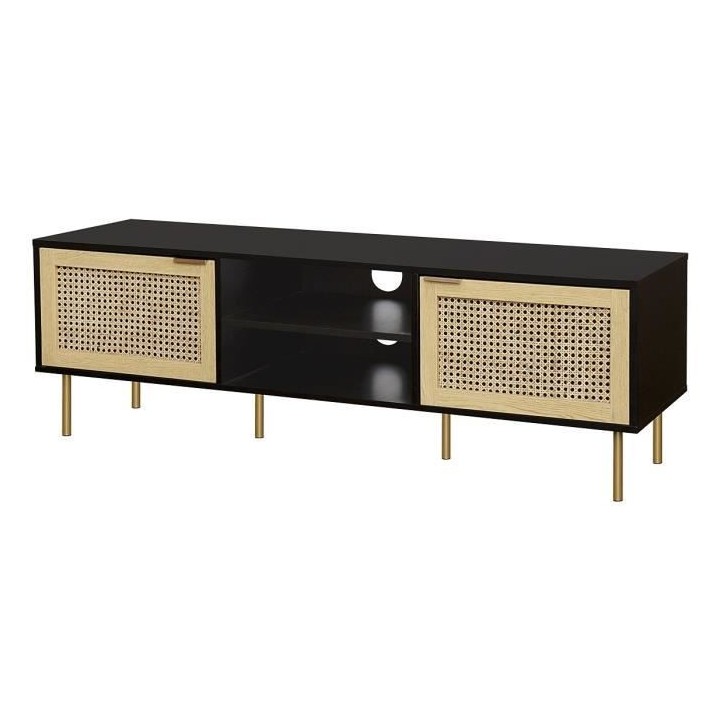 Meuble TV 2 portes - En MDF laqué noir et cannage de rotin naturel -