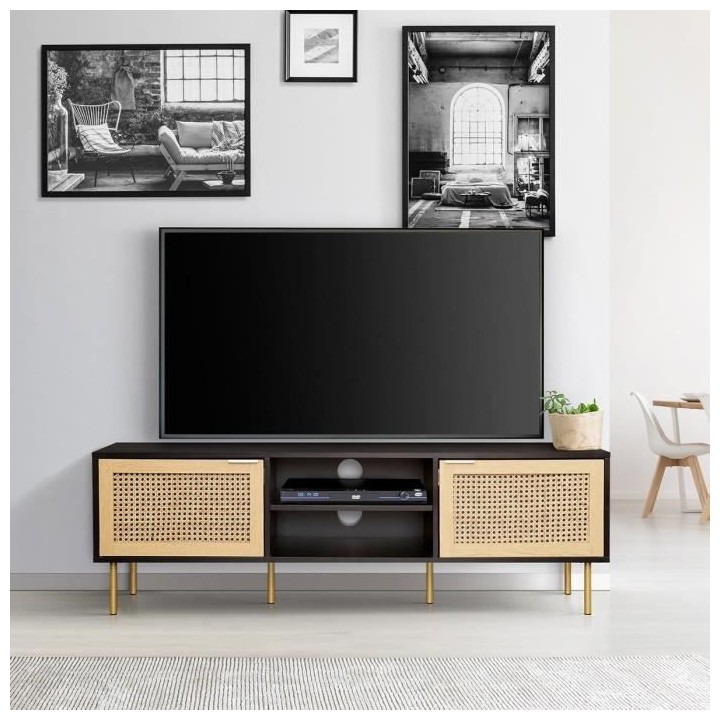 Meuble TV 2 portes - En MDF laqué noir et cannage de rotin naturel -