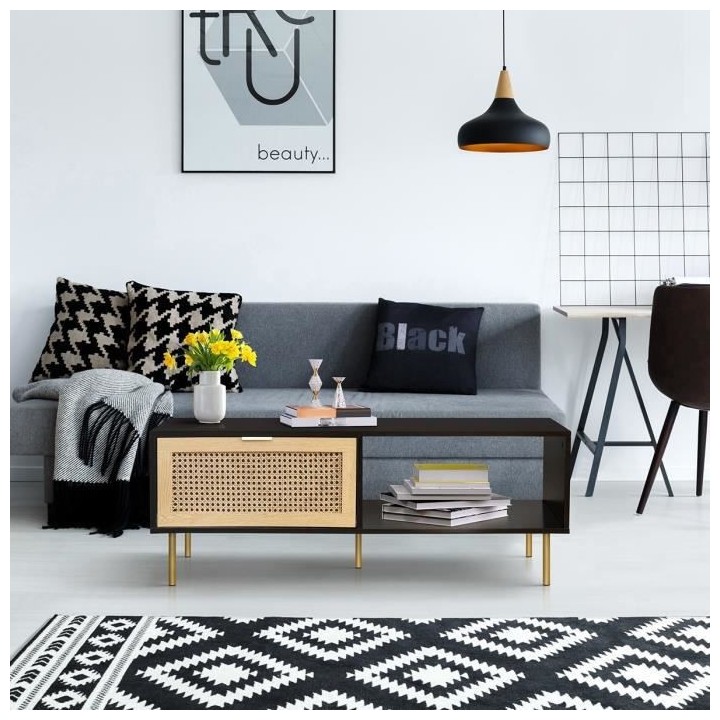 Table basse rectangulaire 1 tiroir - MDF et cannage de rotin naturel -