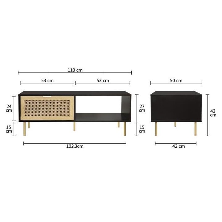 Table basse rectangulaire 1 tiroir - MDF et cannage de rotin naturel -