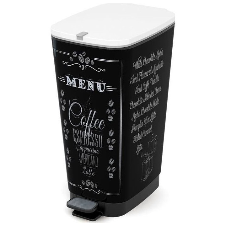 KIS Poubelle de cuisine a pédale - Noir - Motif coffee - 42.5L