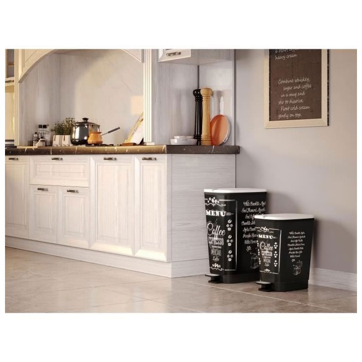 KIS Poubelle de cuisine a pédale - Noir - Motif coffee - 42.5L