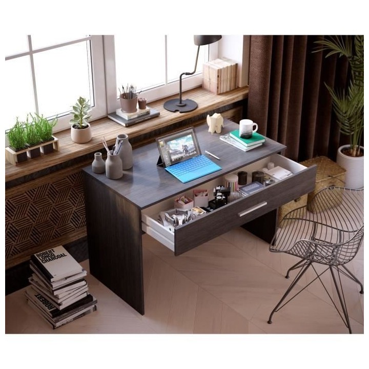 Bureau grand tiroir - Mélaminé gris cendré - 110 x 56 x 81,5 cm