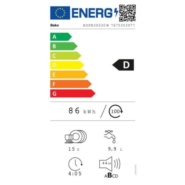 Lave-vaisselle pose libre BEKO BDFN26530W - 15 couverts - L60cm - 44dB