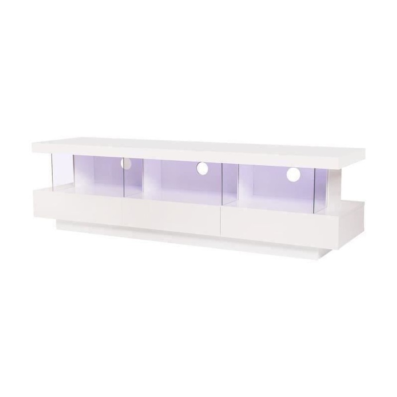 Meuble TV LED contemporain BLUE LIGHT - MDF- Blanc laqué brillant - 3 tiroirs - L 160 x P 39 x H 45 cm