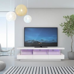 Meuble TV LED contemporain BLUE LIGHT - MDF- Blanc laqué brillant - 3 tiroirs - L 160 x P 39 x H 45 cm