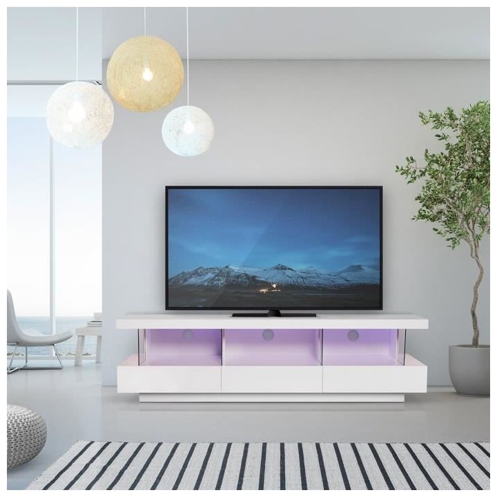 Meuble TV LED contemporain BLUE LIGHT - MDF- Blanc laqué brillant - 3