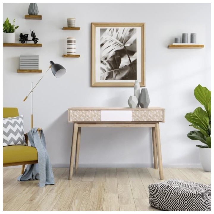 SOFIA Console 3 tiroirs - Bois avec motif - L 110 x P 35 x H 82 cm