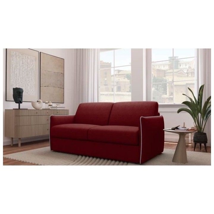 Canapé convertible express - AGATHE - Tissu Rouge - Liseré Gris - 17
