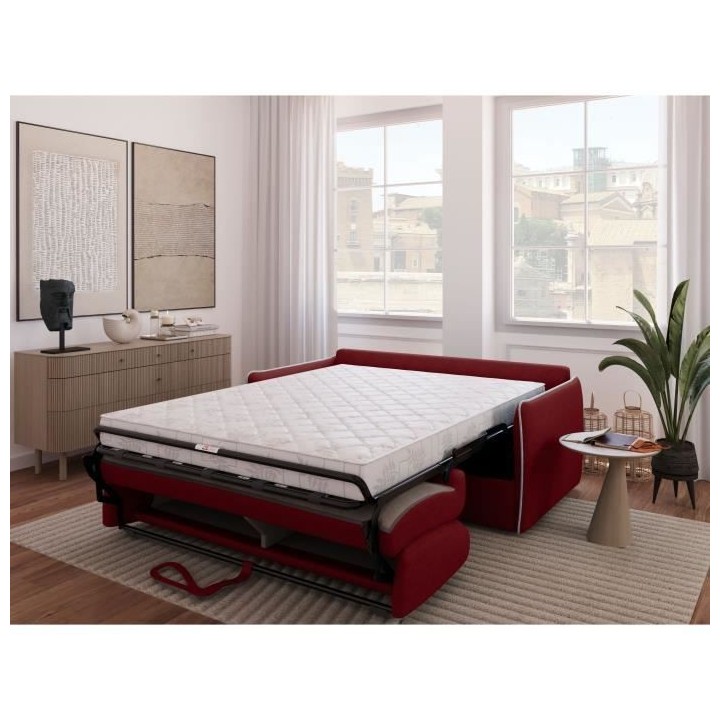 Canapé convertible express - AGATHE - Tissu Rouge - Liseré Gris - 17