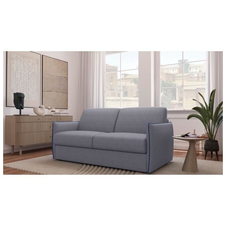 Canapé convertible express - AGATHE - Tissu Gris - Liseré Bleu - 175