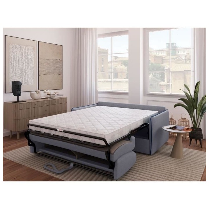 Canapé convertible express - AGATHE - Tissu Gris - Liseré Bleu - 175