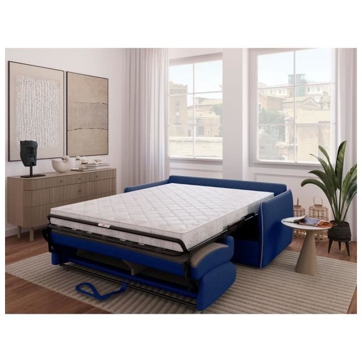 Canapé convertible express - AGATHE - Tissu Bleu - Liseré Gris - 175