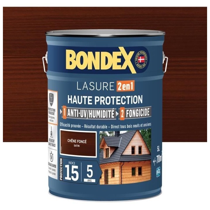 Lasure 2 en 1 Haute protection - Chene foncé satin - BONDEX - 5 L