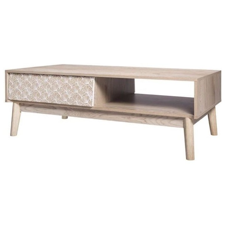 Table basse 1 tiroir - Bois avec motif - Pieds en bois - L 120 x P 60