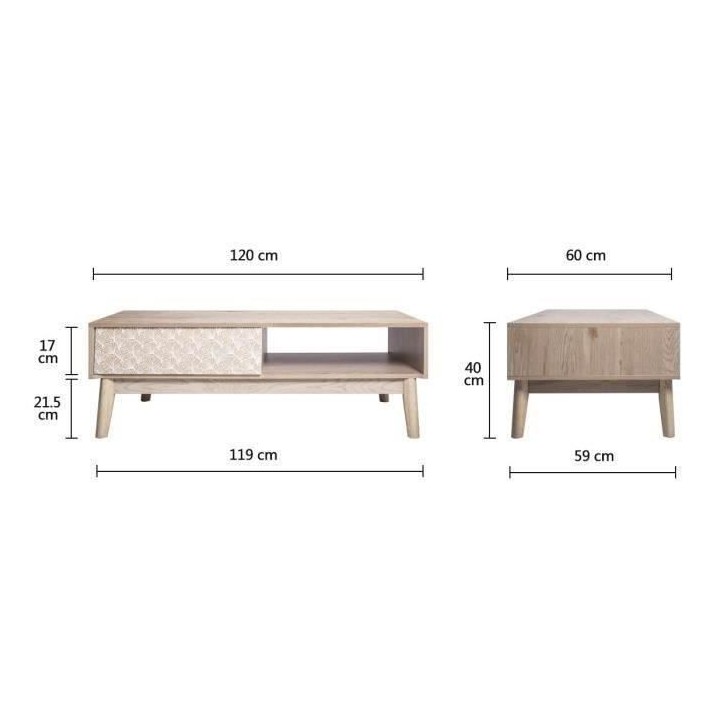 Table basse 1 tiroir - Bois avec motif - Pieds en bois - L 120 x P 60