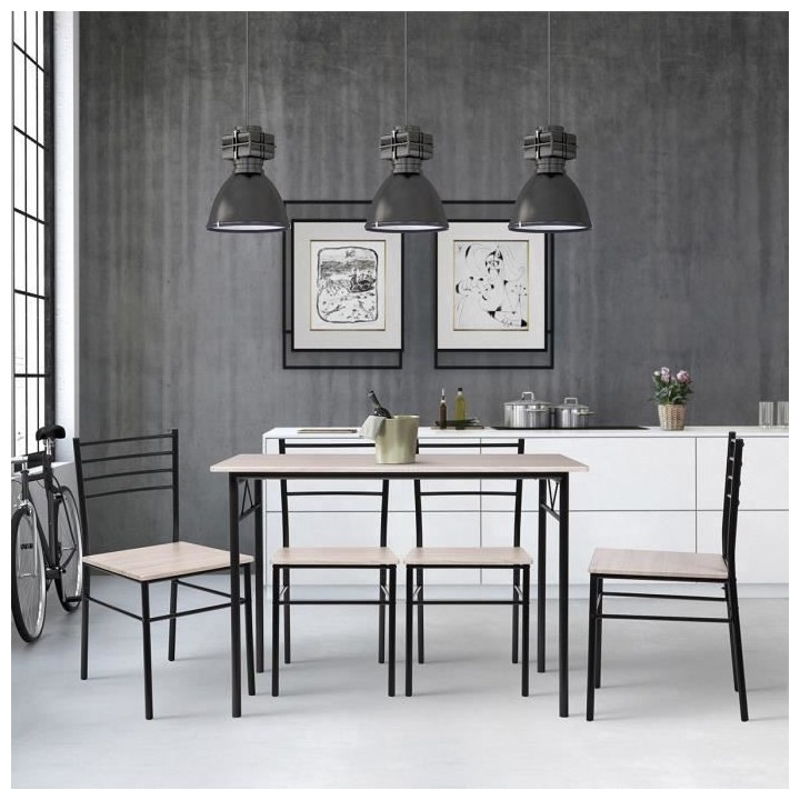 Set table a manger avec 4 chaises - Métal noir et chene - RIVIERA