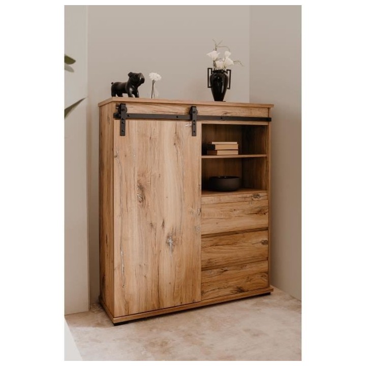 Buffet MANZANO - Décor Chene Flagstaff - 1 Porte coulissante + 3 tiro