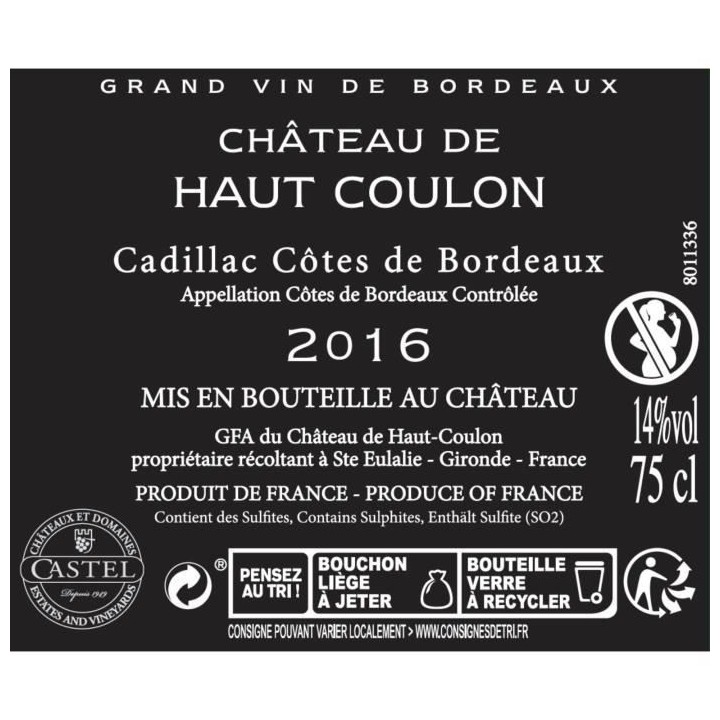 Château De Haut Coulon 2016 Cadillac Côtes de Bordeaux - Vin rouge d