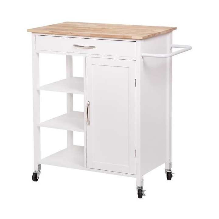 Desserte de cuisine 1 porte 1 tiroir 3 en hévéa - Blanc laqué - L 7