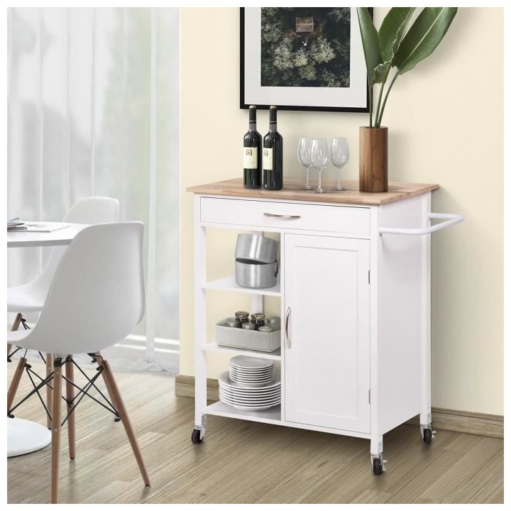 Desserte de cuisine 1 porte 1 tiroir 3 en hévéa - Blanc laqué - L 7