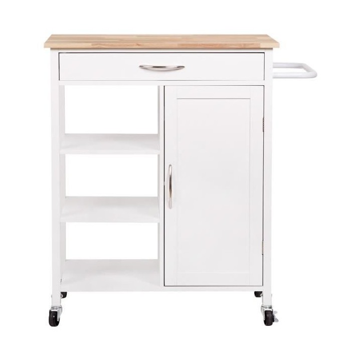 Desserte de cuisine 1 porte 1 tiroir 3 en hévéa - Blanc laqué - L 7