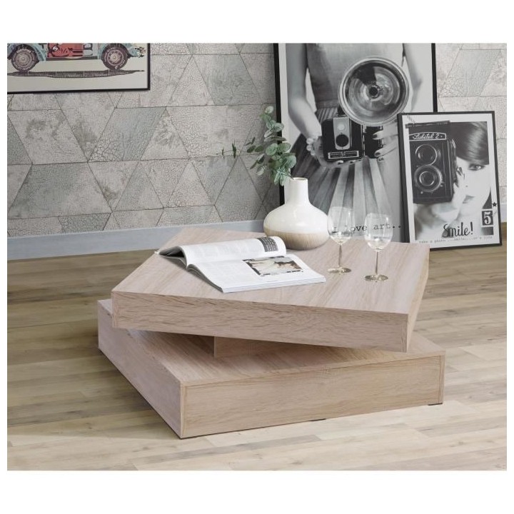 Table basse plateau rotatif - Carré - Chene - 78 x 78 x 36 cm
