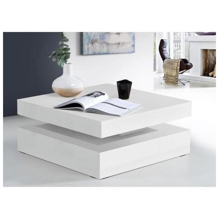 Table basse plateau rotatif - Carré Blanc brillant - 78 x 78 x 36 cm