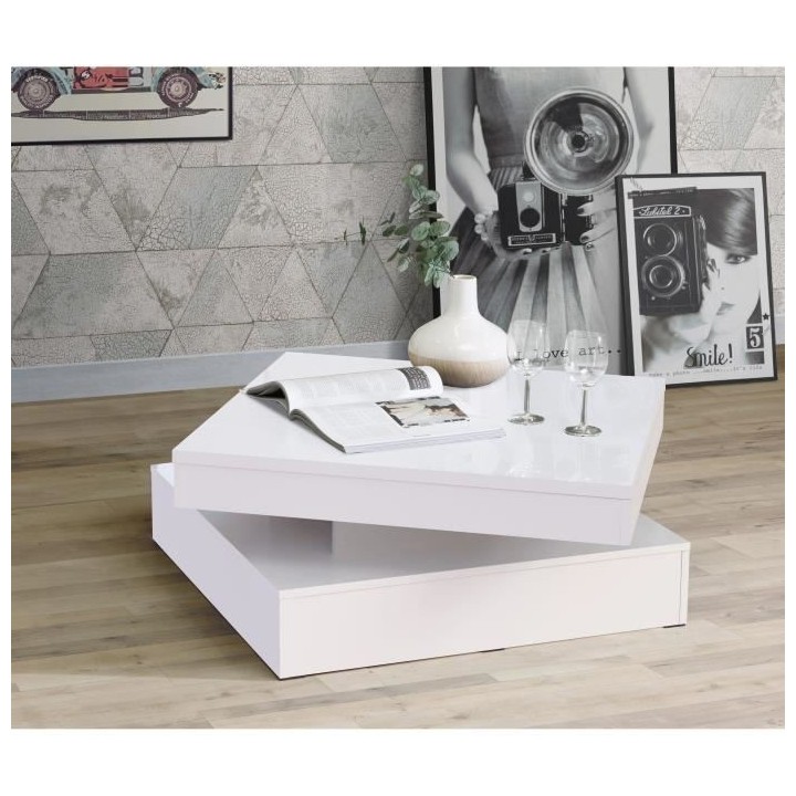 Table basse plateau rotatif - Carré Blanc brillant - 78 x 78 x 36 cm
